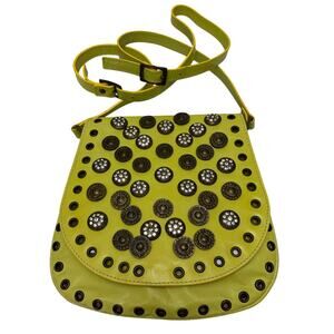 Vintage Leather Crossbody Bronze Metal Embellishments Purse Bag | Unbranded